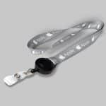 5/8" Gray custom lanyard printed with company logo with Black Badge Reel attachment 0.625"