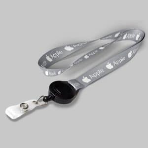 5/8" Gray custom lanyard printed with company logo with Black Badge Reel attachment 0.625"