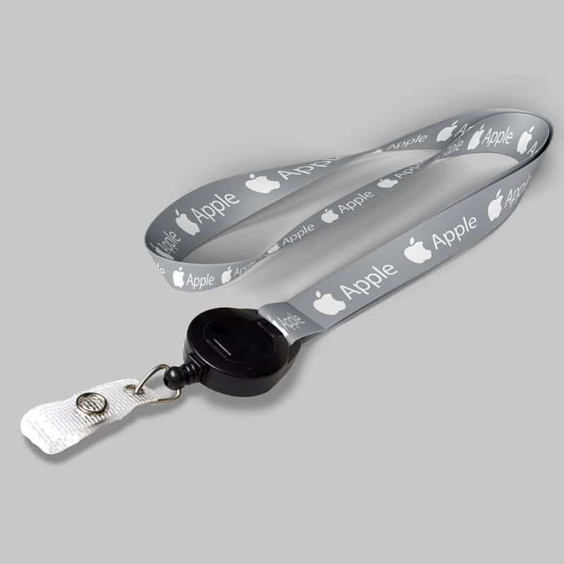5/8" Gray custom lanyard printed with company logo with Black Badge Reel attachment 0.625"