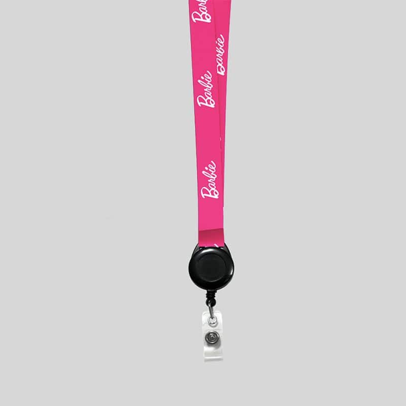 5/8" Pink custom lanyard printed with company logo with Black Badge Reel attachment 0.625" - 1