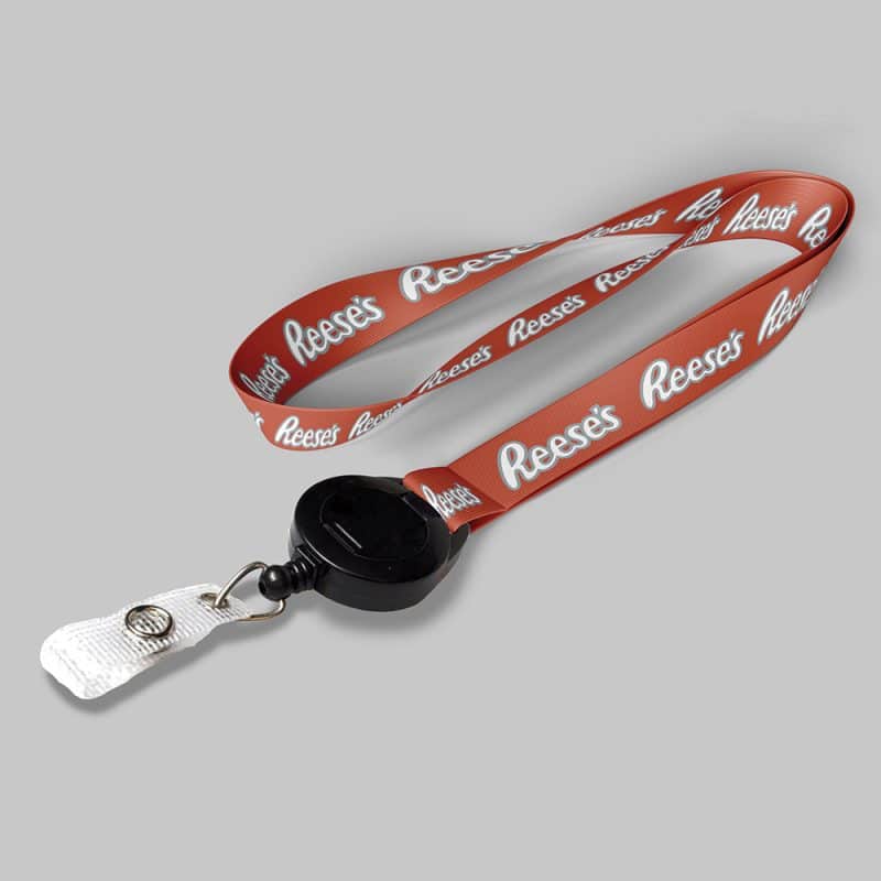 5/8" Texas Orange custom lanyard printed with company logo with Black Badge Reel attachment 0.625"