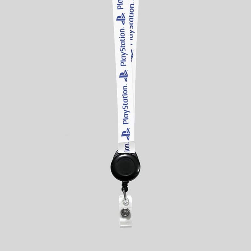 5/8" White custom lanyard printed with company logo with Black Badge Reel attachment 0.625" - 1