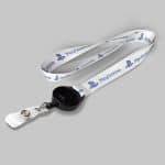 5/8" White custom lanyard printed with company logo with Black Badge Reel attachment 0.625"