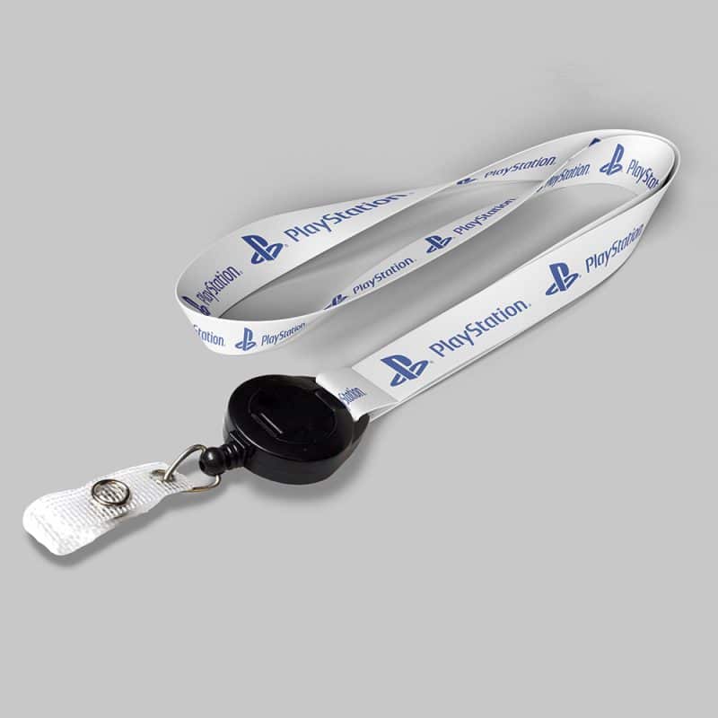 5/8" White custom lanyard printed with company logo with Black Badge Reel attachment 0.625"