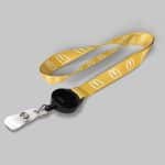 5/8" Yellow custom lanyard printed with company logo with Black Badge Reel attachment 0.625"