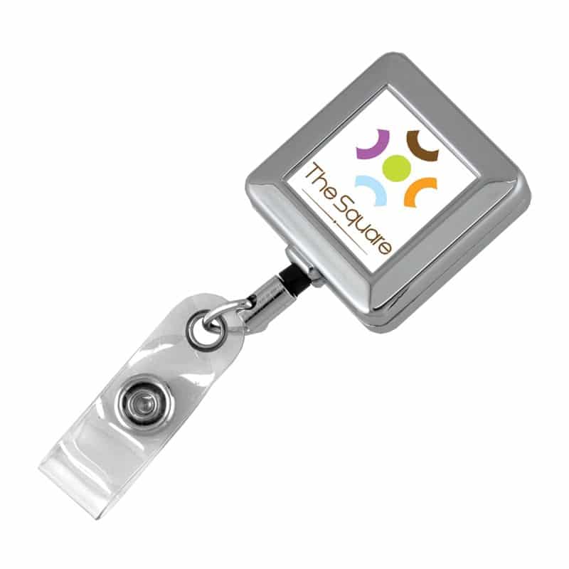 "Hamilton" Square Chrome Solid Metal Retractable Badge Reel & Badge Holder w/Full Color