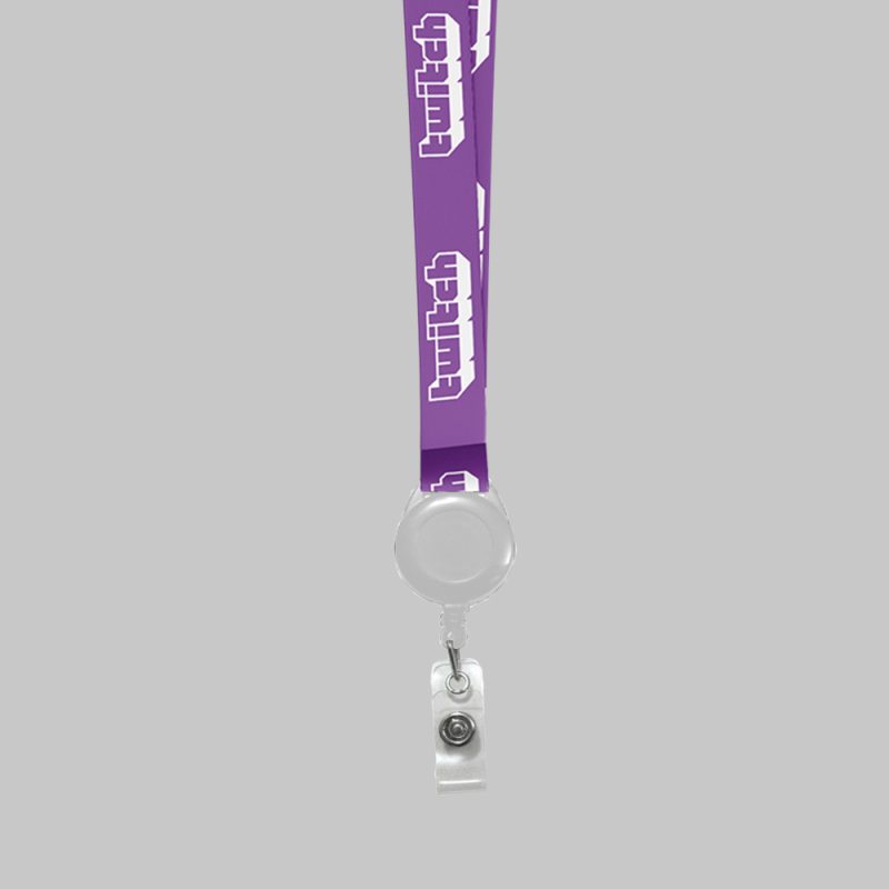3/4" Purple custom lanyard printed with company logo with White Badge Reel attachment 0.75" - 1