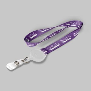 3/4" Purple custom lanyard printed with company logo with White Badge Reel attachment 0.75"