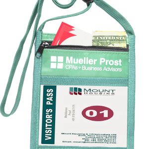 Green Large Neck Wallet Pouch w/Front Zipper & Printed Lanyard