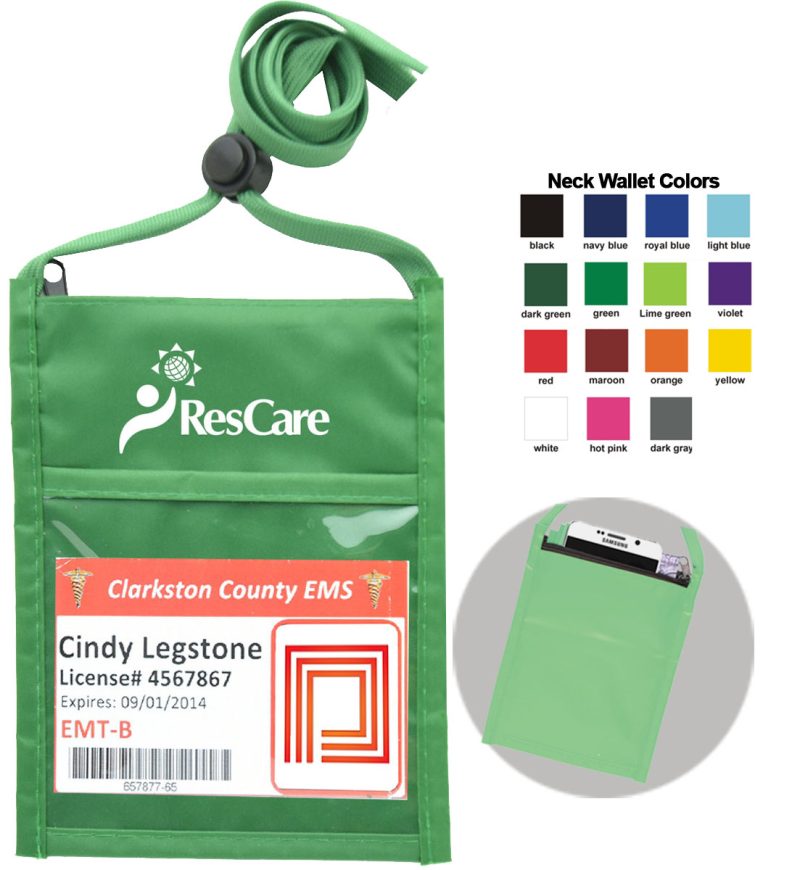 Green One Pocket Event Neck wallet w/Printed 3/8" Lanyard