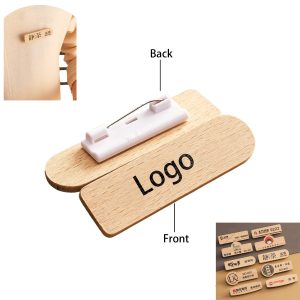 Wooden Name Tag Custom Engraved Logo Pin Back Badge
