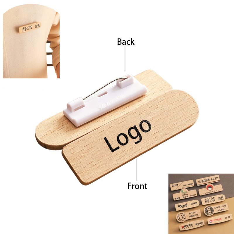 Wooden Name Tag Custom Engraved Logo Pin Back Badge